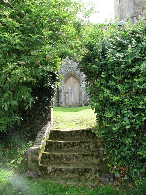 Steps to St Mary's from Church Hill. The north doorway can be seen in the background. For a view of the church see > 1408886.