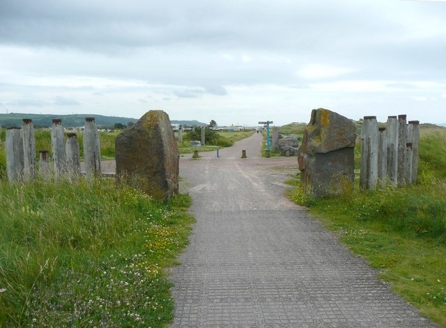 Cycleway, Pembrey The stones and posts mark the entrance to the section of cycleway leading to Pembrey Country Park.