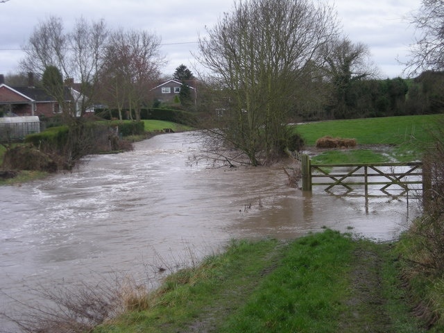 Rea Brook in flood at Hook-a-gate - Jan' 2008, near to Nobold, Shropshire, Great Britain.