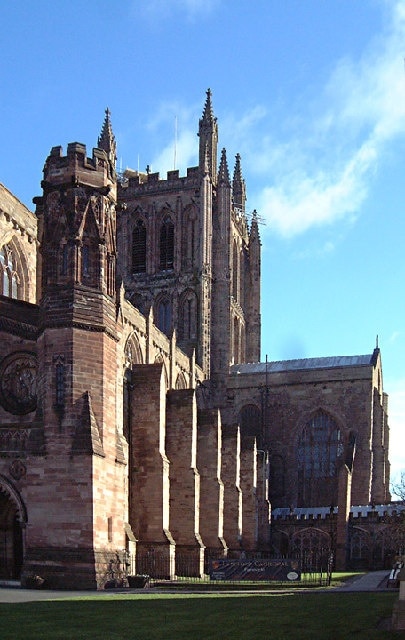 Hereford Cathedral, England at grid reference SO509397. There has been a church near this site since at least the 8th century. The current (Norman) Cathedral was originally built in the 12th century in the Romanesque style and much of it is still standing. The early cathedral was somewhat closer to the river. The current cathedral is built on the site of the Saxon market, according to an early map in the book, A Slap of the Hand -The History of Hereford Market, published by Hereford Lore.