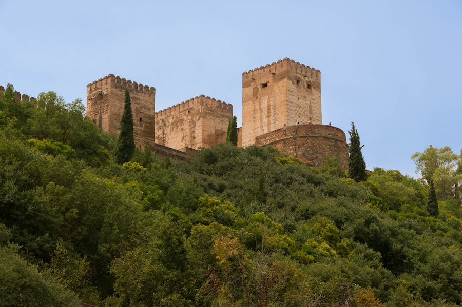 Alcazaba of Alhambra from below, rio Darro valley, Granada, Spain.
