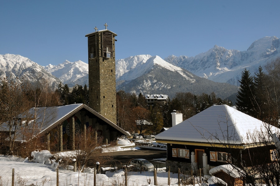 The famous church of Plateau d'Assy and the Mont Blanc chain