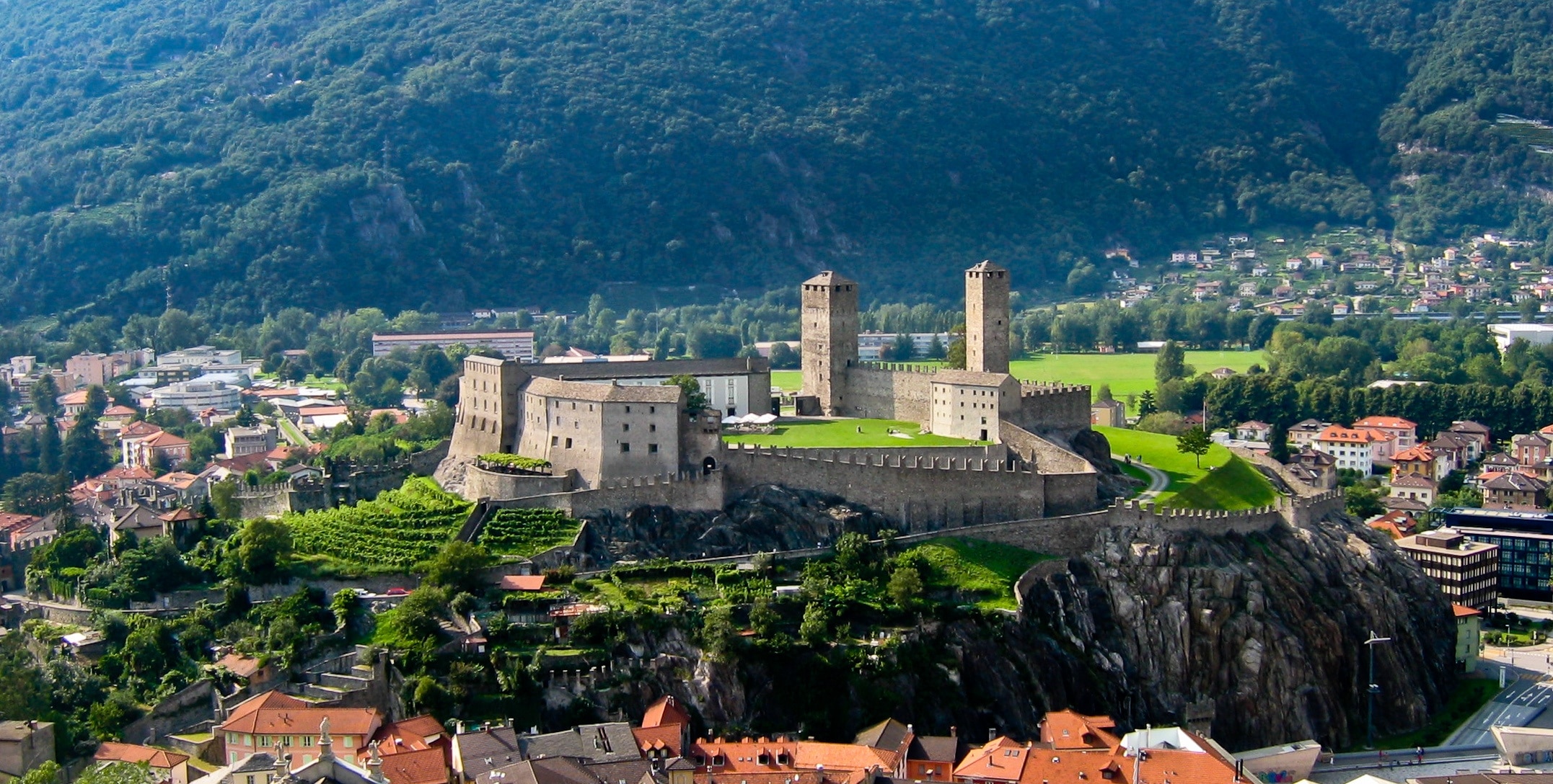 View of Bellinzona's Castelgrande as seen from Castello di Montebello.