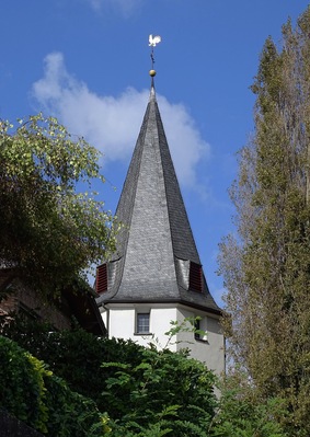 Belfry of the catholic parish church of St. Georg in Widdig, Römerstraße 63: view from the path on the banks of the Rhine