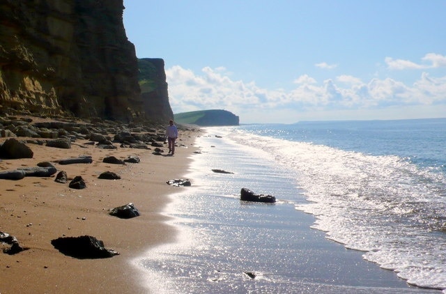 East Cliffs, West Bay, Dorset Looking SE with Portland in the distance. The beach is littered with rocks that fell from the cliff