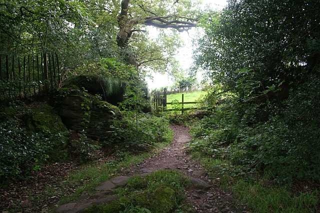 Footpath near Hill Top Farm This footpath passes a small rock outcrop before emerging into open country and joining the drive to Hill Top Farm.