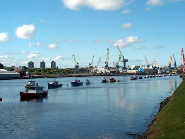 Hebburn Riverside Looking downriver from near the Bill Quay bend (behind the camera) with the cranes of Swan Hunter shipyard, Wallsend on the opposite bank. Sadly this great yard ceased operation in 2006 and the iconic cranes were sold in early 2007.