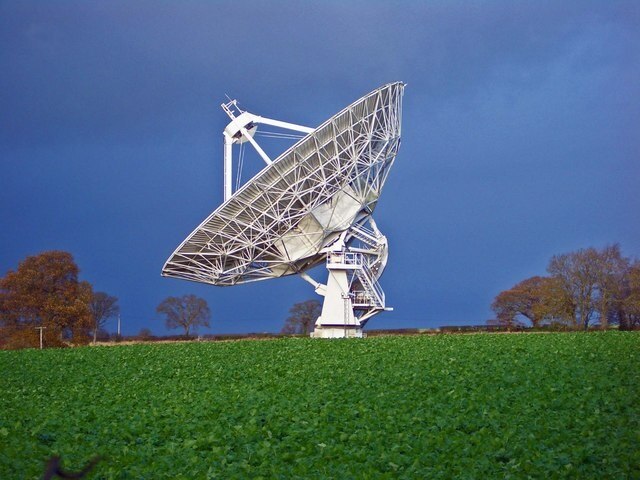 Knockin Radio Telescope Picture taken on a dark rainy day with a gap in the cloud for the sun to light up the telescope