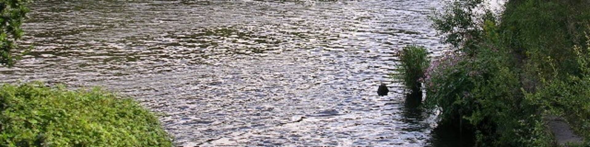 Glaze Brook enters the Manchester Ship Canal. Here, on the border between Cheshire and Salford, the Manchester Ship Canal receives the waters of Glaze Brook (also known as the River Glaze). The Glaze drains a substantial area of mossland hereabouts and was the boundary between the ancient Lancashire Hundreds of West Derby and Salford.This latter fact is recorded on the wall of a bridge near here that carries the A57 road over the Glaze, but as the wall is made of sandstone the lettering is wearing away.This part of the Ship Canal is a canalised section of the River Mersey. The Mersey joined the canal a little way upstream of this point (to the left) and will leave the canal a little further downstream, close to where the River Bollin joins the canal. Taken from SJ703912