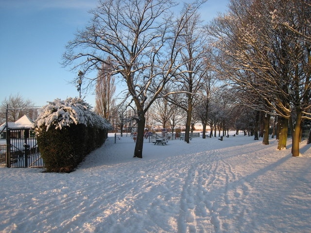 Snow-bound recreation ground in Thornaby-on-Tees This photograph shows a part of Thornaby Recreation Ground after recent falls of snow in the North East of England. Both the children's area (in the centre) and the bowling green (on the left) seem to have taken a good covering of snow.