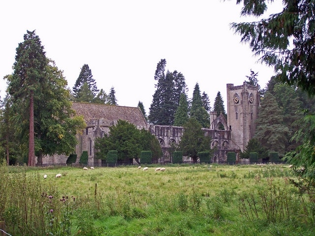 Dunkeld Cathedral Looking over sheep pasture from Atholl Park.
