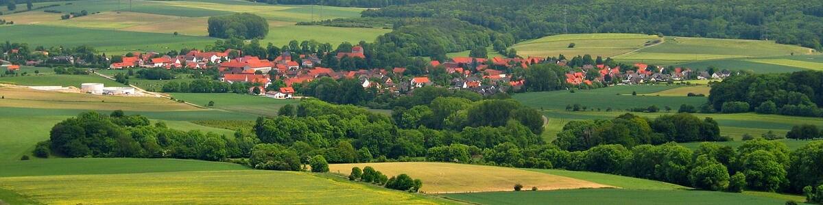 Photo "Jühnde as seen from the Gaußturm observation tower on Hohen Hagen. Image was unsharp masked, cropped, sharpened and eresized using Gimp." by Dschwen (Creative Commons Attribution-Share Alike 2.5) / Cropped from original