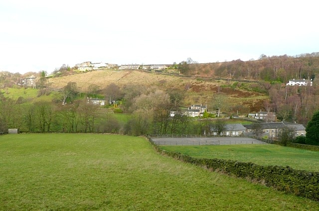 View towards Netherton from Wood Bottom Road, Honley The line of trees marks the course of Hall Dike, and the steep hillside is Netherton Bank.