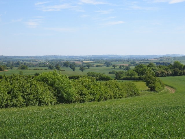 View towards Tredington. Looking over Ettington Park with the bridleway following the edge of the field in the foreground. In the distance the spire of Tredington church can be seen.