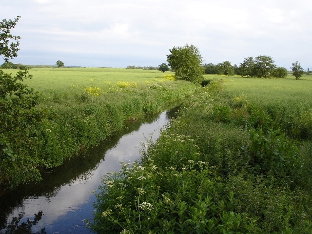 The East Stour river Looking south east over farmland, along the East Stour river and footpath.