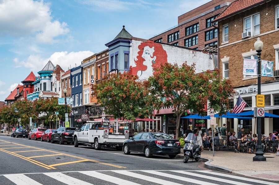Colorful row houses and street scene in Adams Morgan, Washington, D.C.