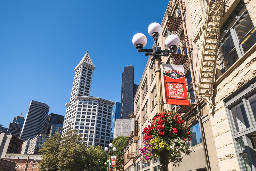 Historic architecture and vibrant streetscape in Pioneer Square, Seattle, Washington.