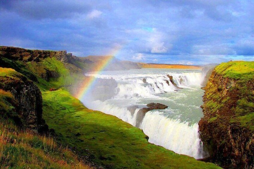 A ride along the Golden Circle in the south of Iceland reveals the breathtaking Gullfoss Waterfall, a favorite among locals and tourists alike.
