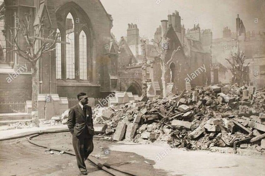 The destroyed St Andrew's church behind the Royal Crescent