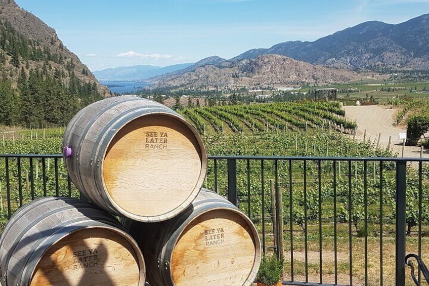 See Ya Later Ranch barrels and view looking north to Skaha Lake