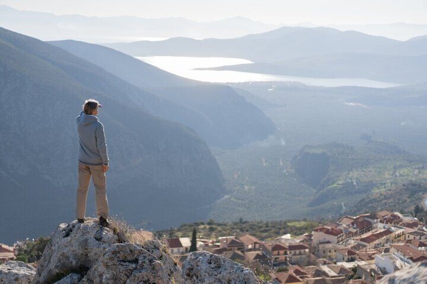 One of our travellers overlooking the Delphi town on Mountain Parnassus