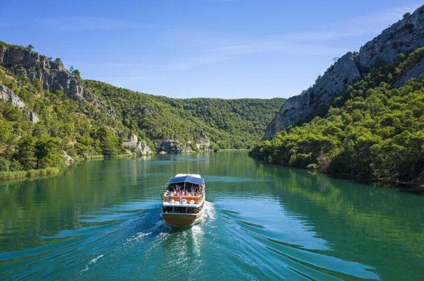 Boat ride towards 'Skradinski buk' fall at Krka Waterfalls National Park