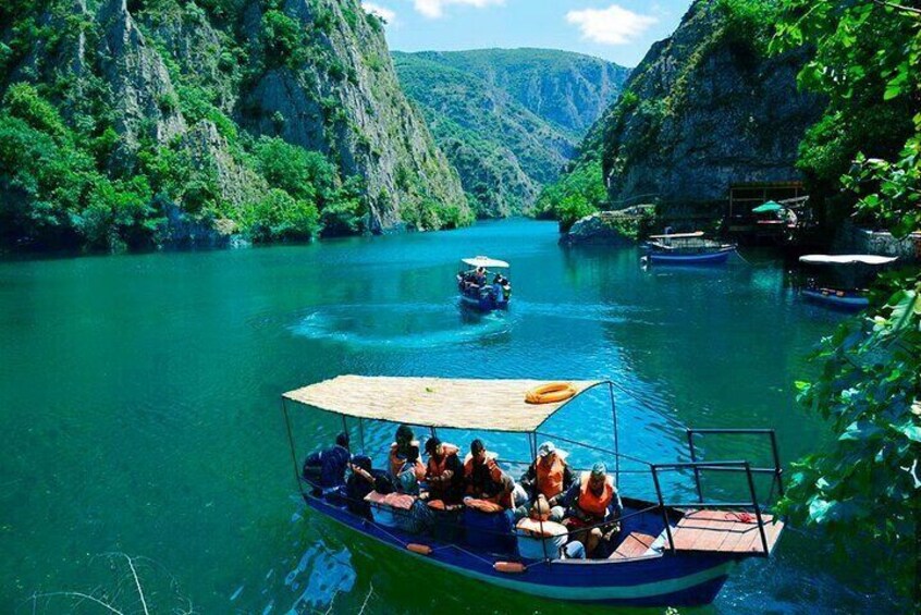 Matka Canyon's Iconic Blue Boats