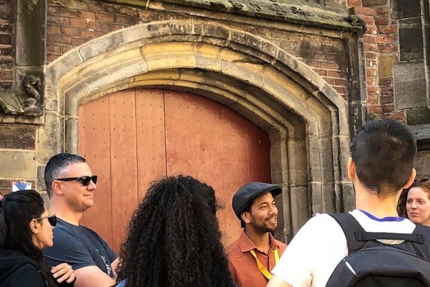 Our guide in front of the Old Church in the Red Light District