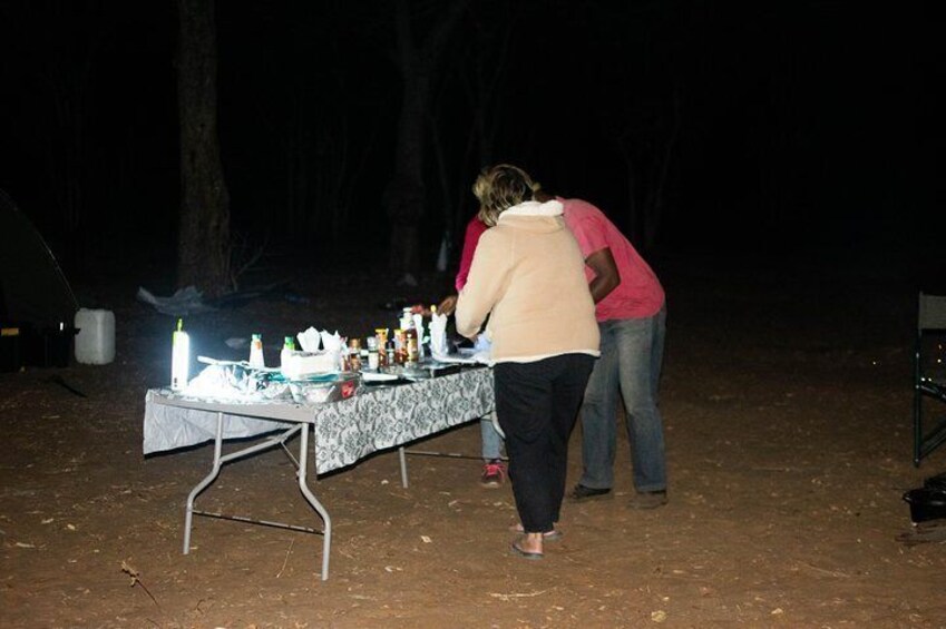 Dinner is served and it is self service,chefs,guides are available to give a hand always in chobe