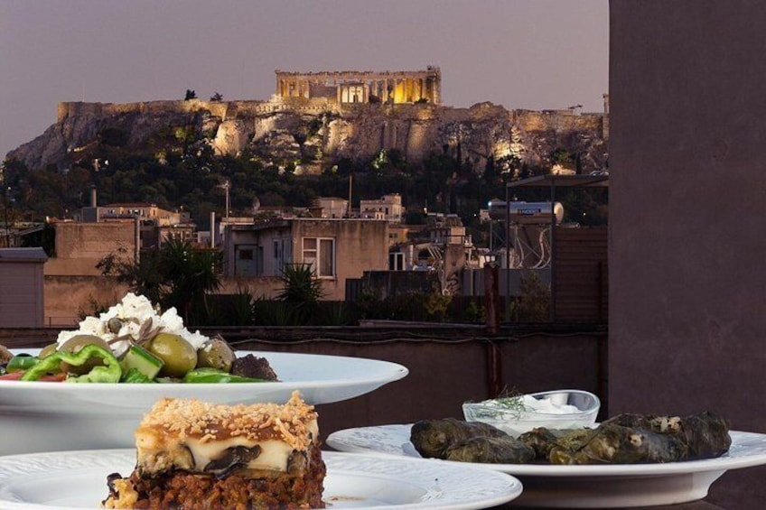 View from our terrace, Greek salad, Moussaka, Dolmades