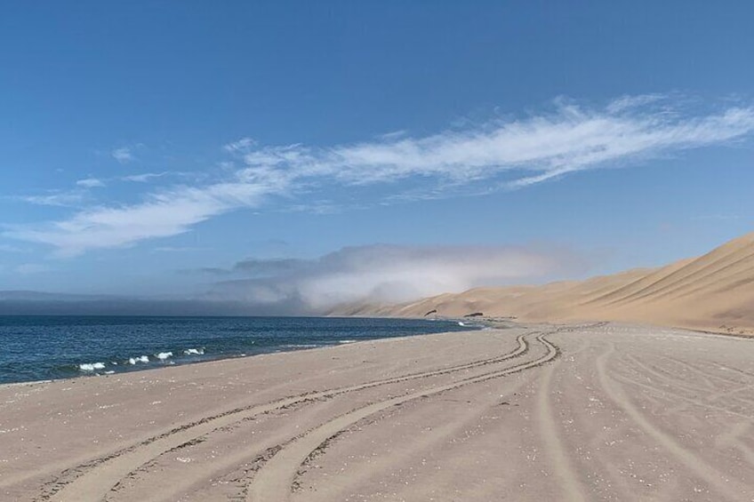 Blue skies, green seas, white beach sand and red dunes