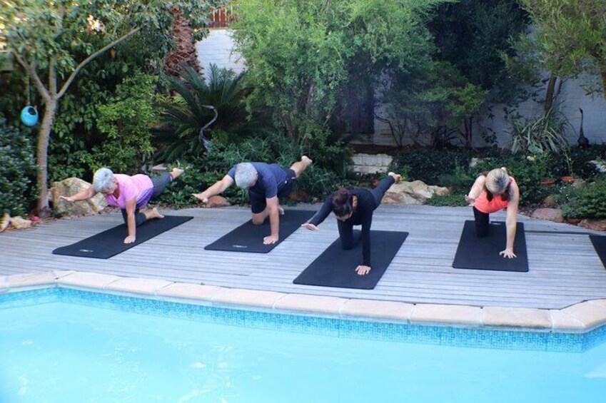 Pilates by the pool to gently stretch out after the day's hike