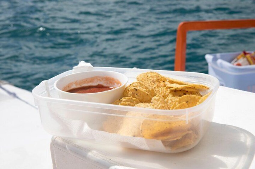 Snacks are essential for a great catamaran cruise especially when they are as local and yummy as nachos and dip.