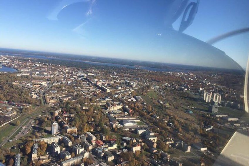 Airplane flight over Riga or Latvia