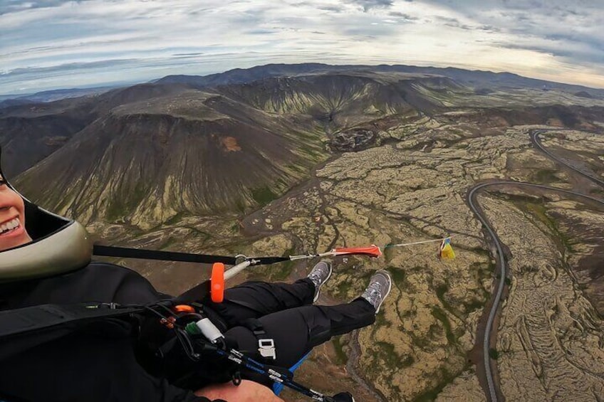 Tandem Paragliding over the Rugged Lava Fields at Blue Mountains