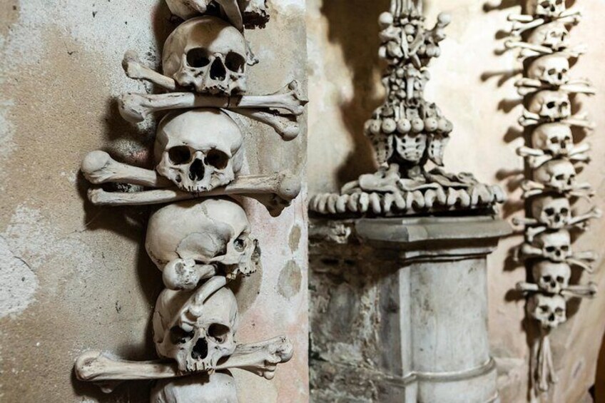 Decorations are made of human bones inside the Sedlec Ossuary.