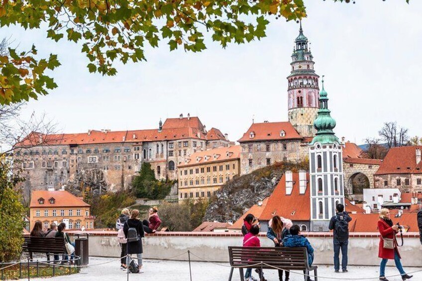 The colorful castle tower and the Church of St. Vitus are highlights of any city visit in Cesky Krumlov.
