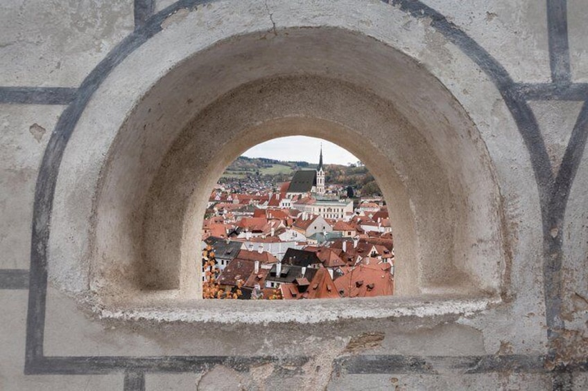 The roof of the St. Vitus Church is iconic in Cesky Krumlov and can easily be recognized from many viewpoints in the area.