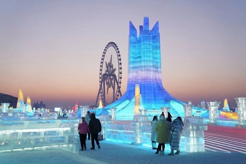 Harbin ice and snow world night time with lights on