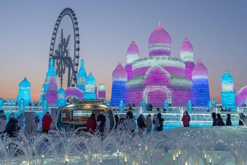 Harbin ice and snow world with lights on