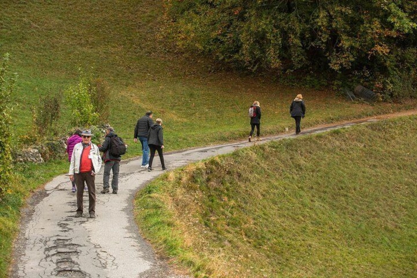 Travelers stretch their legs on a nature walk and relish the natural Swiss alpine air.