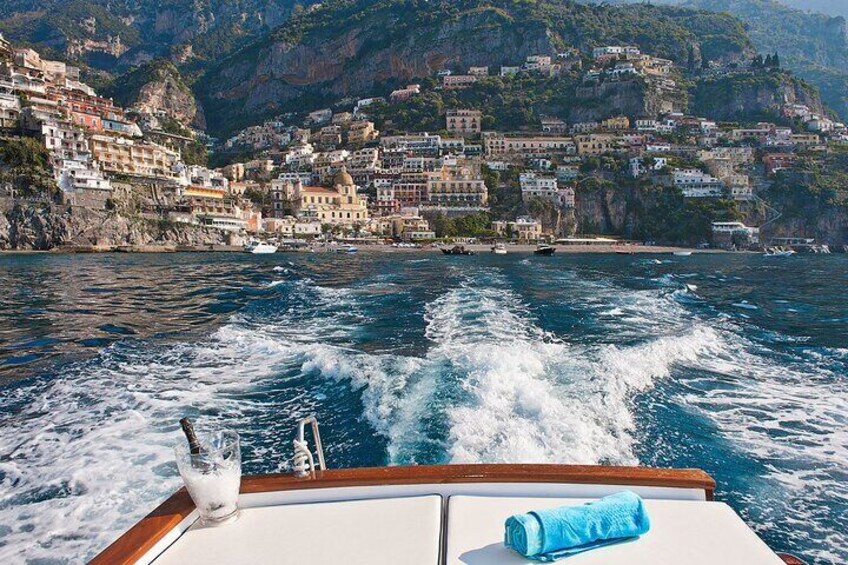 Positano from the sea with our gozzo boat