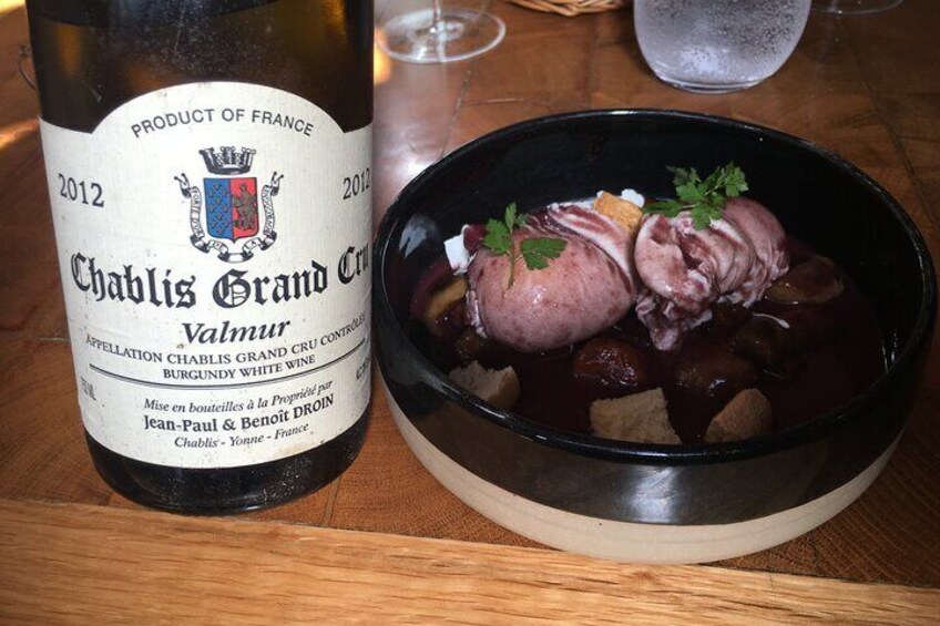 Poached egg in red wine sauce washed down with a Chablis Grd Cru
