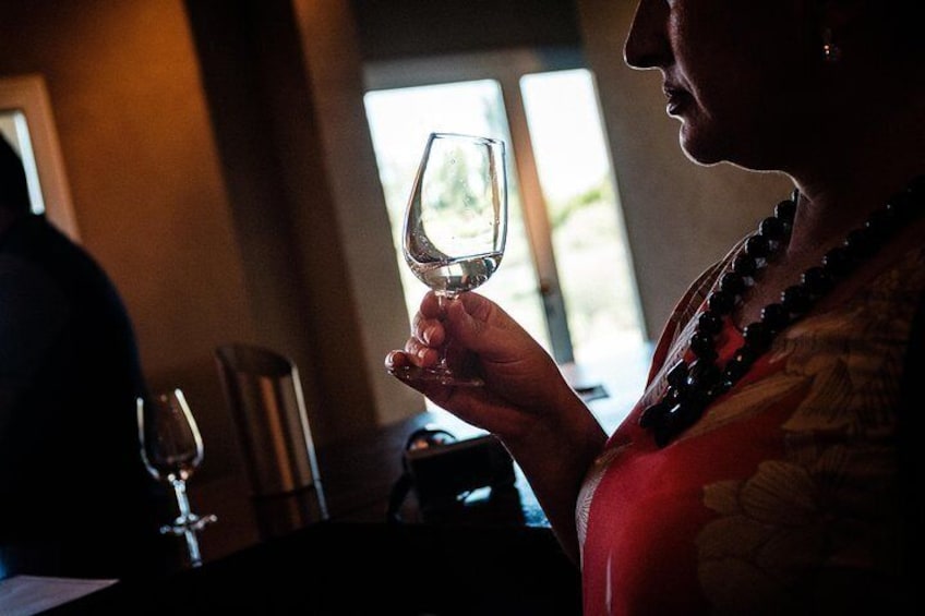 Traveler tastes white wine at Trapiche Winery during a wine tasting tour from Mendoza.