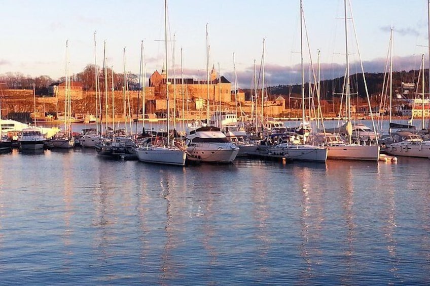 Oslo harbor with the fortress perched above