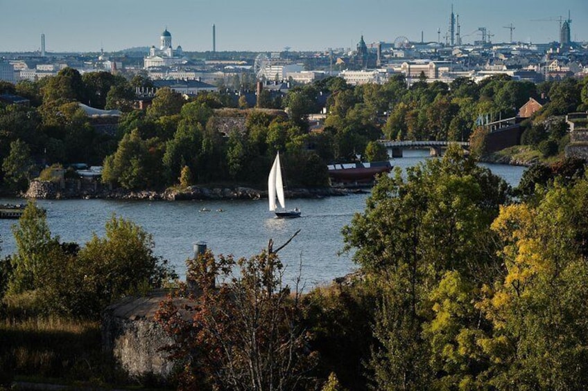 Overlooking Suomenlinna into Helsinki city from Vallisaari