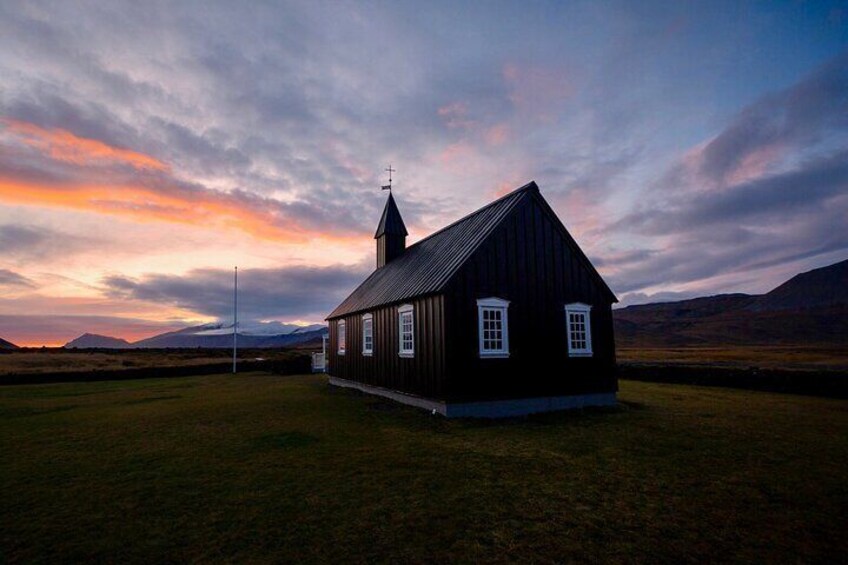 Búðakirkja Black Church at sunset 