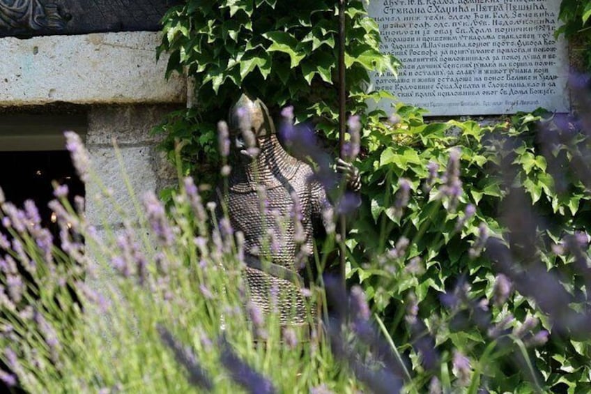 A statue of the Serbian medieval soldier in front of Ružica Church. A very particular anti war memorabilia inside the church.