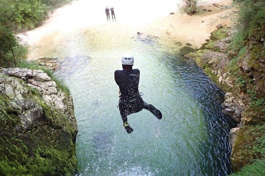Canyoning Bled Slovenia - Last pool Jump into Emerald Water