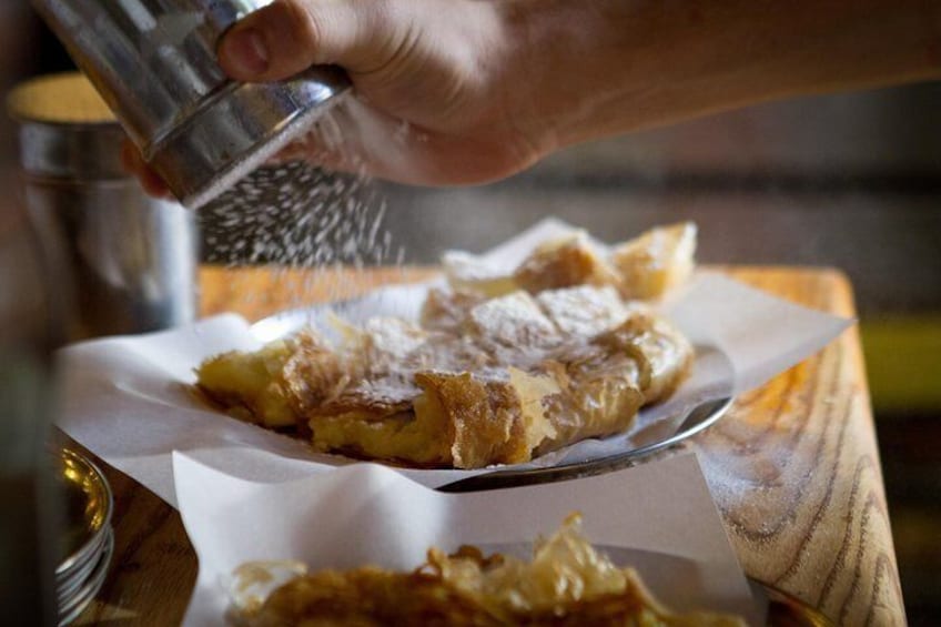 The one and only bougatsa (cream-filled phyllo pastry)